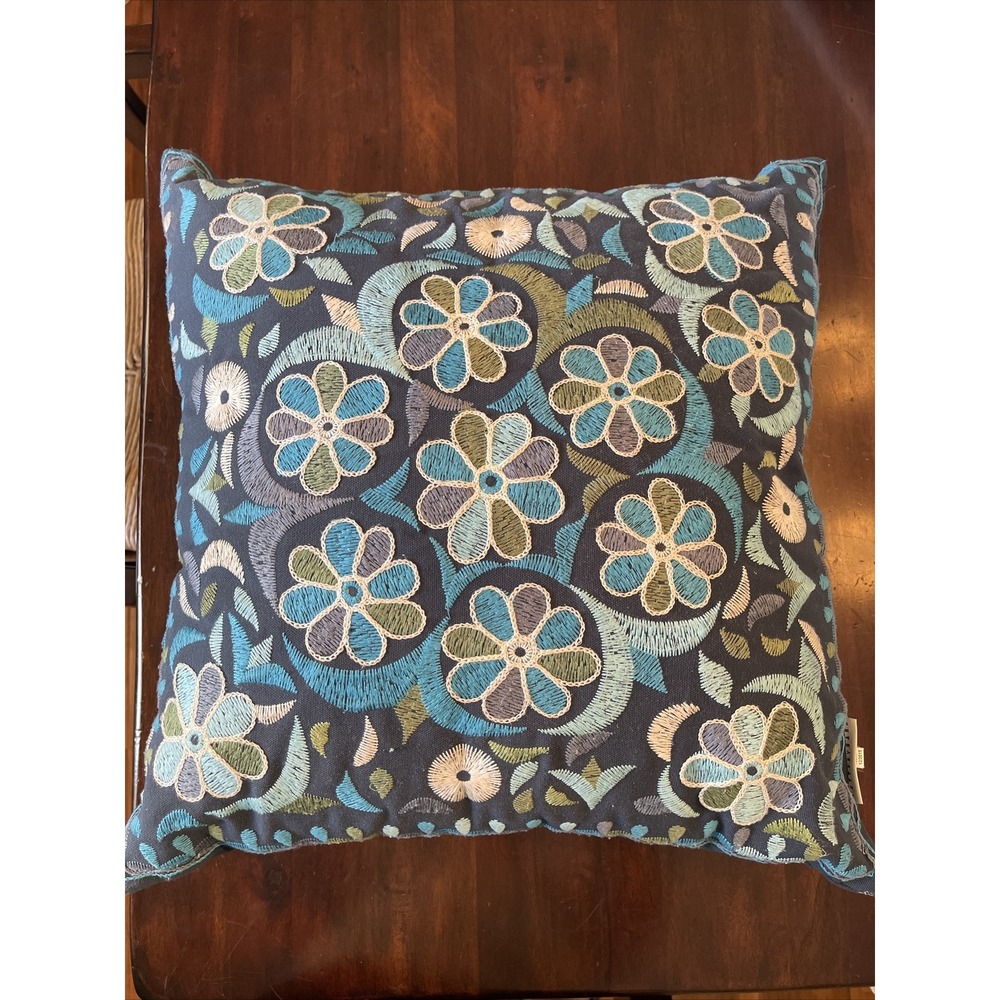 Pottery Barn Outdoor Pillow 18"‎ Square Blue Embriodered Floral Patio Porch Yard